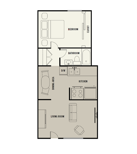 A floor plan of a house with a bedroom, bathroom, kitchen, dining area, and living room.
